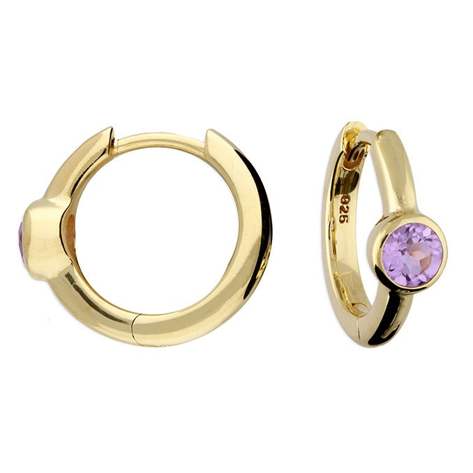Yellow gold-plated amethyst hinged huggie hoops