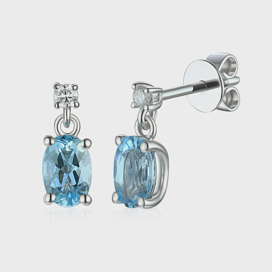 Oval Aquamarine and Diamond Drop White Gold Earrings