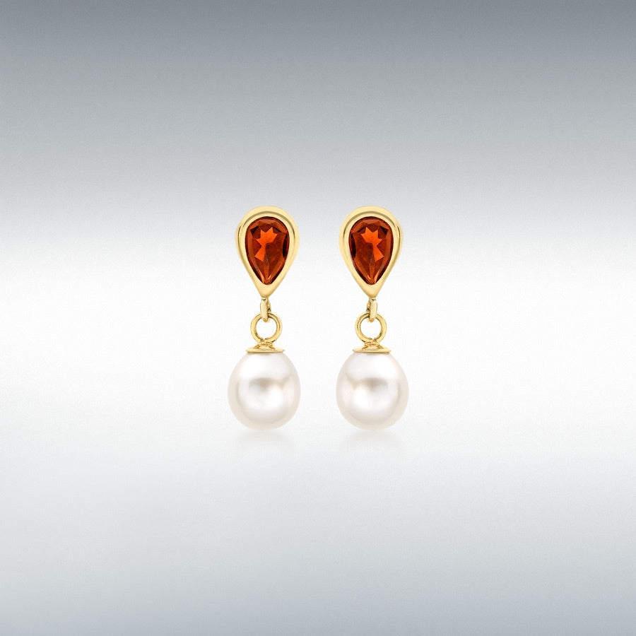 9CT YELLOW GOLD GARNET AND FRESHWATER PEARL DROP EARRINGS