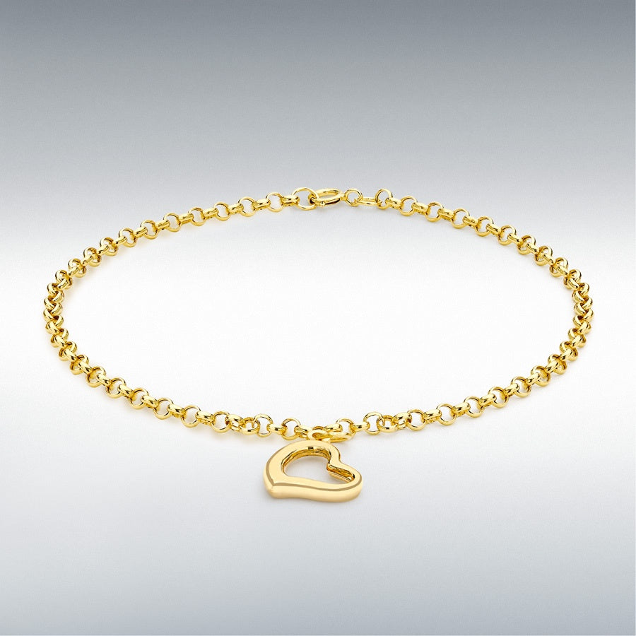 9CT YELLOW GOLD 14MM X 10.5MM HEART-CHARM BRACELET 18CM