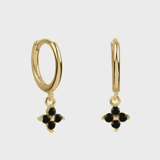 Black Crystal Flower Huggie Hoops Gold