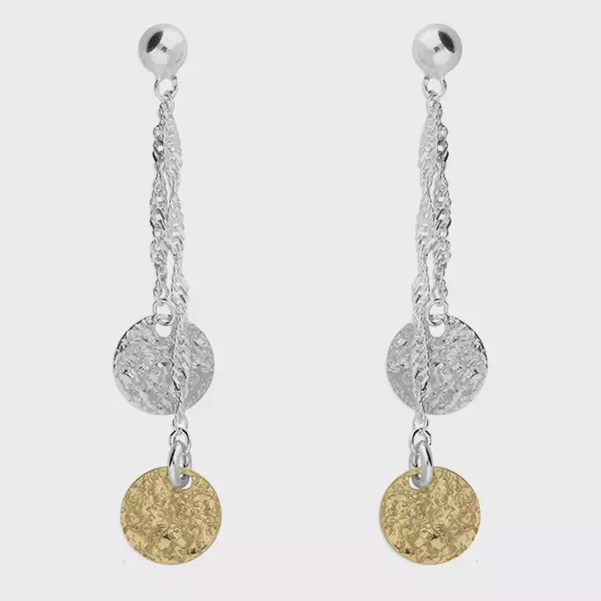 Two tone volcano disc on twisted chain drop earrings