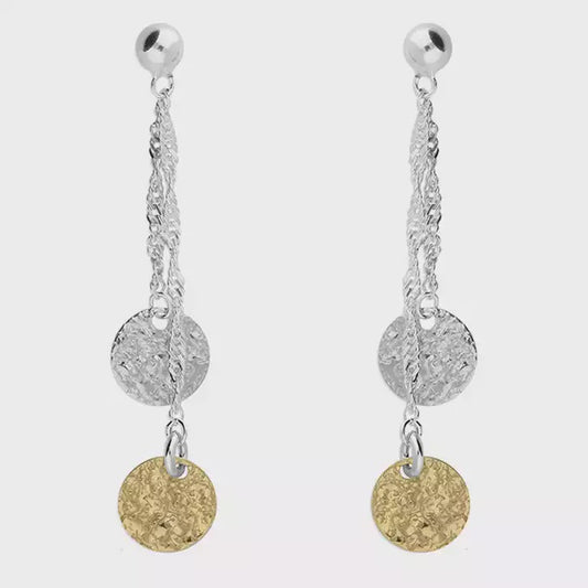 Two tone volcano disc on twisted chain drop earrings