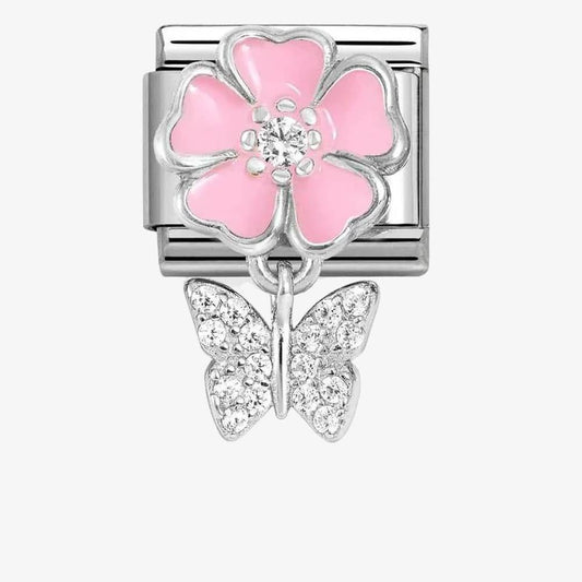 CLASSIC Silvershine Pink Flower Butterfly Dropper Charm