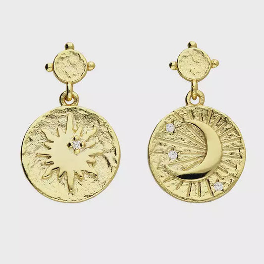 Yellow gold plated sun and moon asymmetric disc drop earrings