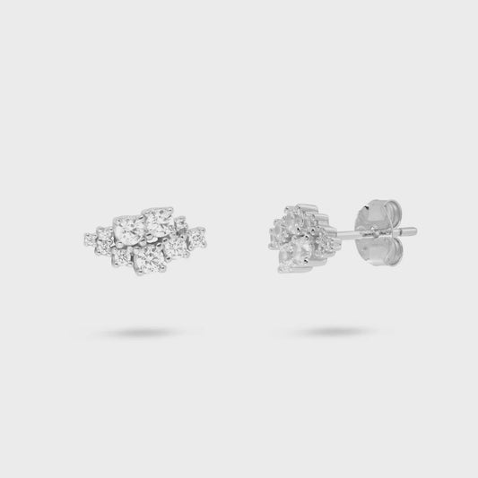 Crystal Cluster Stud Earrings Silver