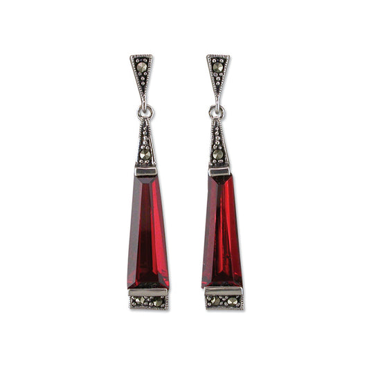 Garnet cubic zirconia/marcasite long drop earrings