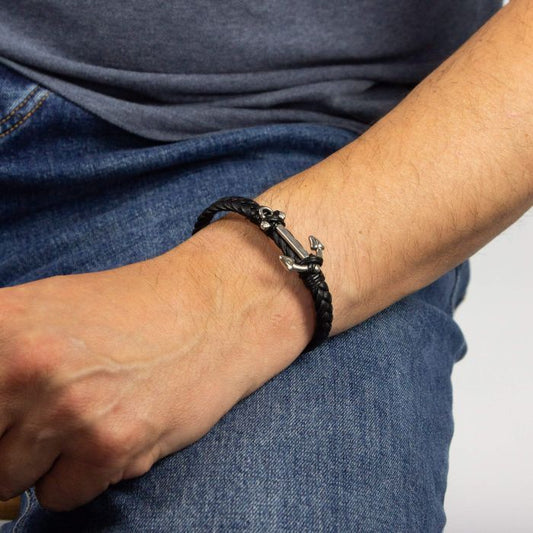 Fred Bennett Black Leather Plaited Bracelet with Anchor
