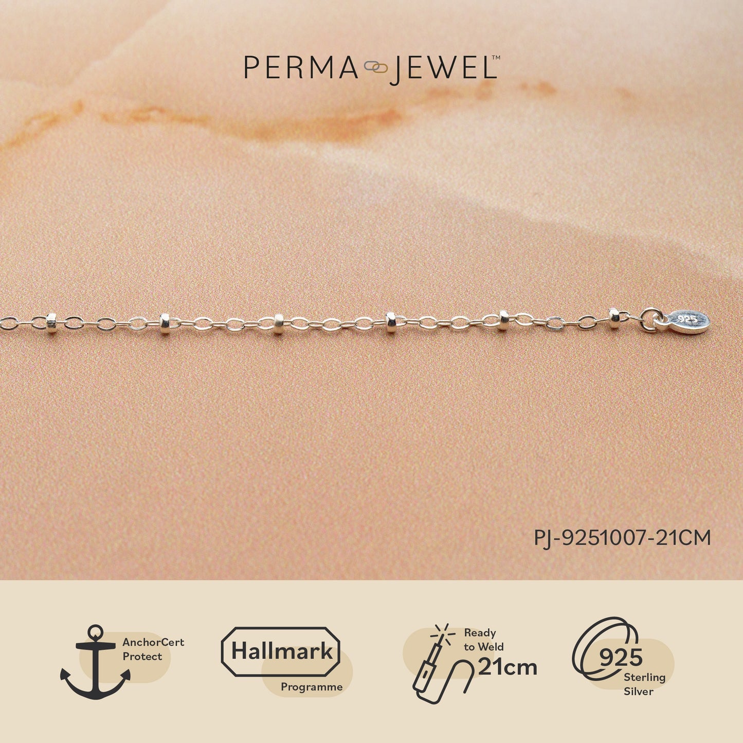 Cable Chain with beads. Sterling Silver 21 cm welding bracelet