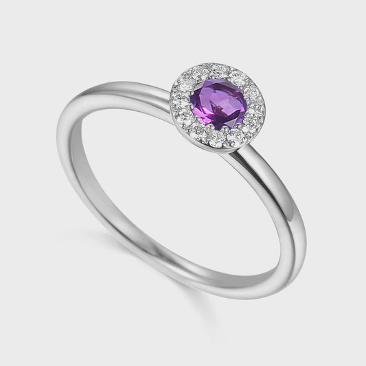 9ct White Gold Amethyst & Diamond cluster Ring Size M