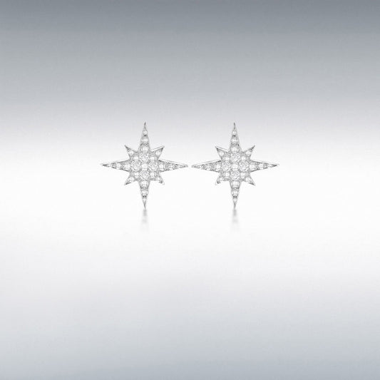 STERLING SILVER RHODIUM PLATED CZ 8.3MM X 11.8MM COMPASS-STAR STUD EARRINGS