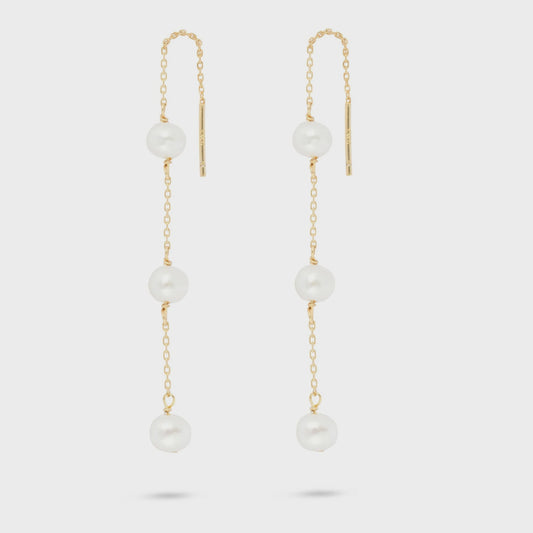 Triple Pearl Threader Earrings Gold