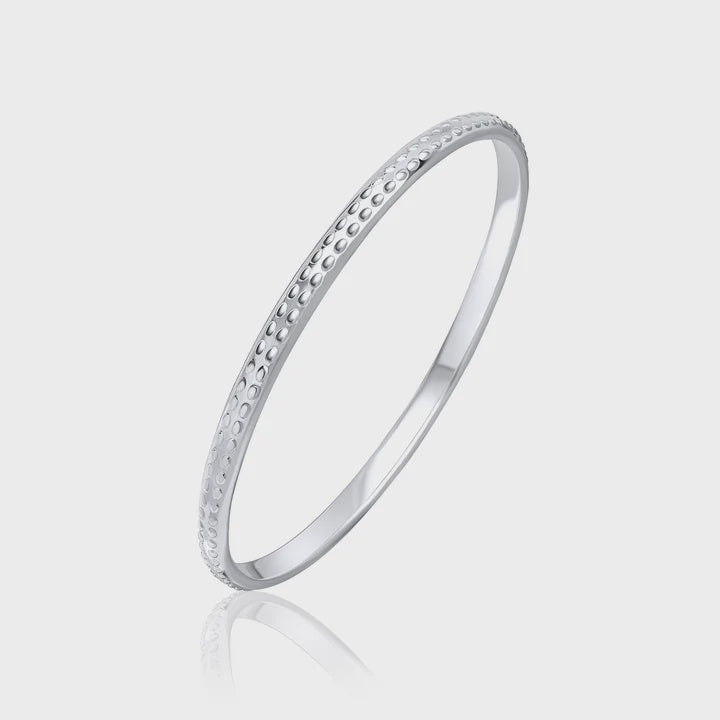 Silver 5mm Solid Round D Shaped Bangle With Oval Beaded Design 65mm