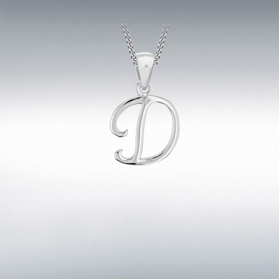 Sterling Silver Rhodium Plated 0.005ct Diamond 13.3mm x 22.6mm 'D' Initial Pendant
