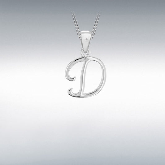 Sterling Silver Rhodium Plated 0.005ct Diamond 13.3mm x 22.6mm 'D' Initial Pendant