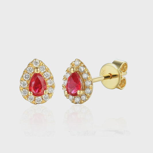 9ct Yellow Gold Ruby & Diamond cluster Earrings Pear