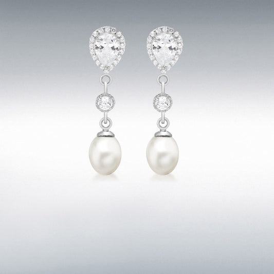 STERLING SILVER FRESHWATER PEARL AND CZ DROP EARRINGS