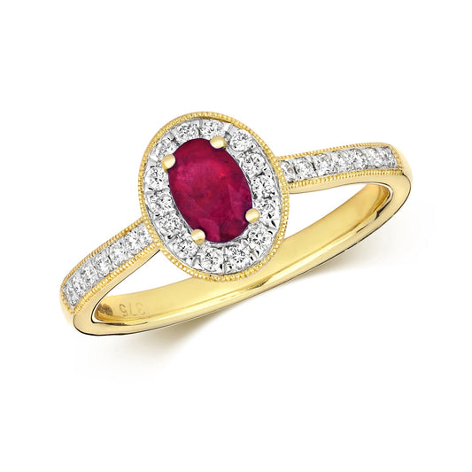 9CT YELLOW GOLD DIAMOND AND RUBY CLUSTER OVAL RING SIZE N