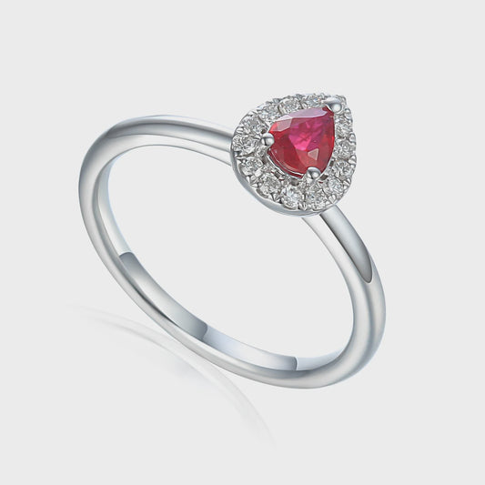 9ct White Gold Ruby & Diamond cluster Ring Pear Size M