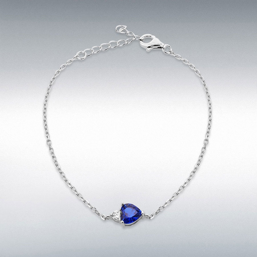 Sterling Silve Heart Shape Synthetic Blue Spinel with Round White CZ Bracelet