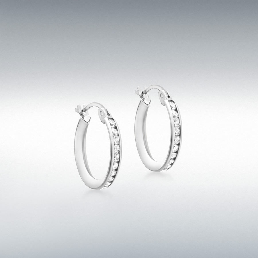 9CT WHITE GOLD CZ 15MM HOOP CREOLE EARRINGS