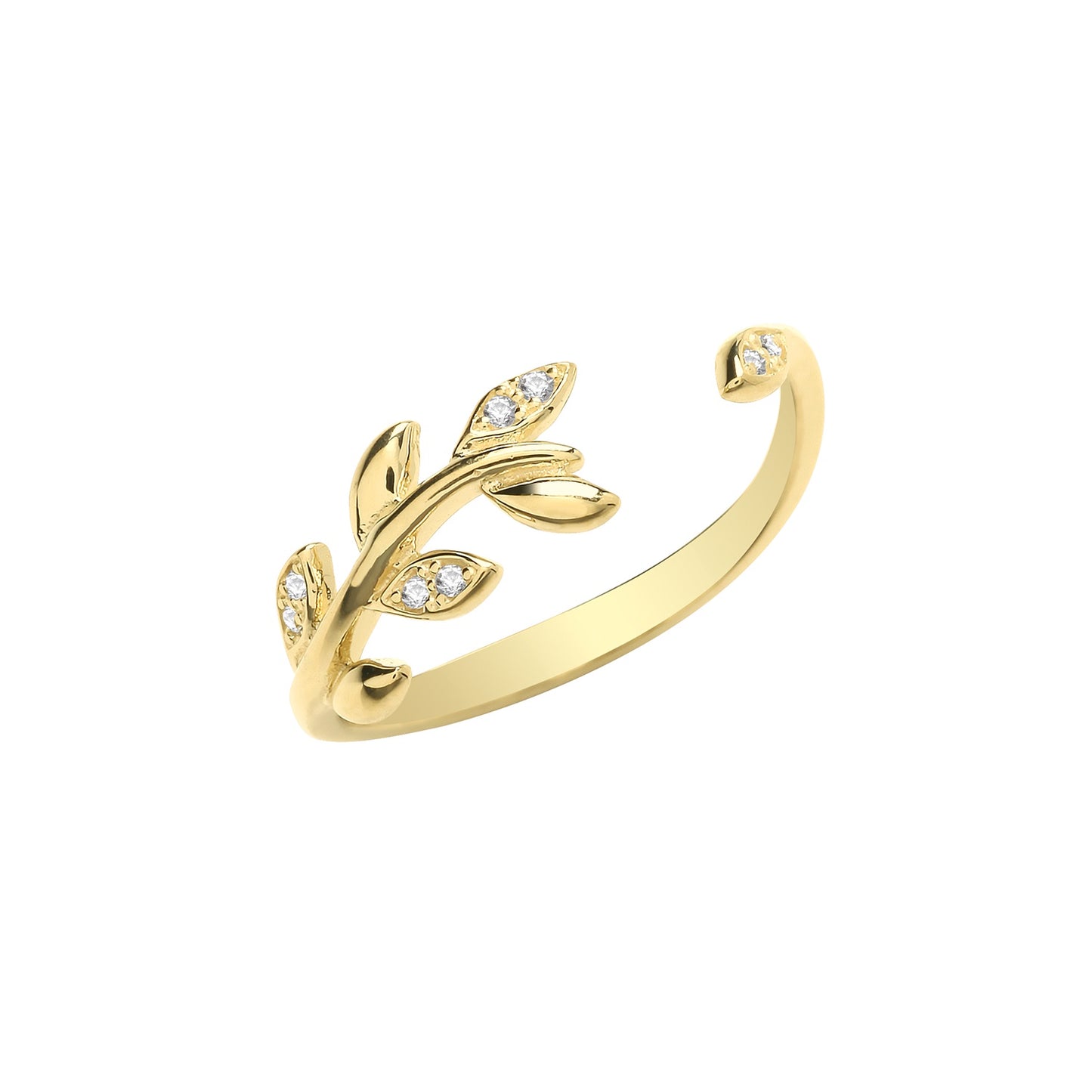 9CT YEL GOLD CZ LEAF OPEN RING SIZE M