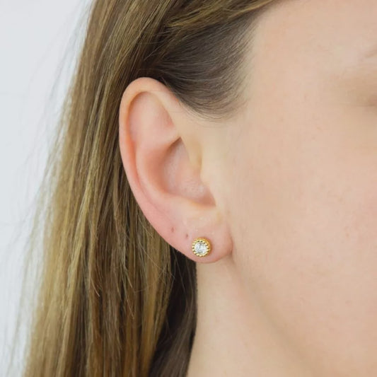 Yellow Gold Plated Millegrain Edge Stud Earrings With CZ (E6123C)