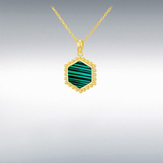 STERLING SILVER YELLOW GOLD PLATED 15MM X14.3MM HEXAGON MALACHITE ADJUSTABLE NECKLACE