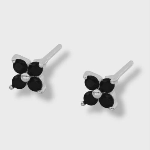 Black Crystal Flower Studs Silver