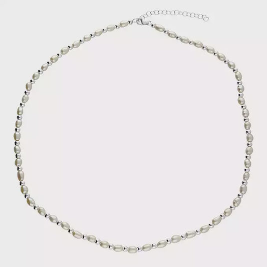 Sterling Silver Necklace Alternate bead and oval freshwater pearls