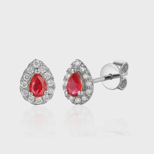 9ct White Gold Ruby and Diamond Cluster Earrings Pear