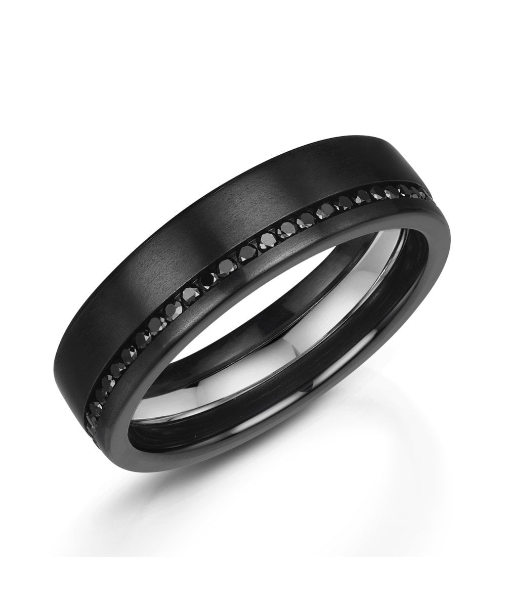 Black Diamond & Zirconium Wedding Ring - Full Set. Size S 1/2