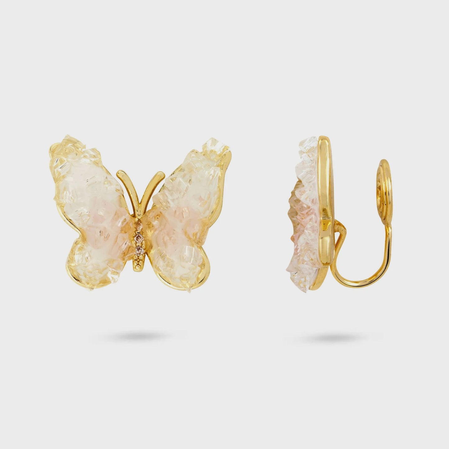 Pink Crystal Butterfly Clip On Earrings