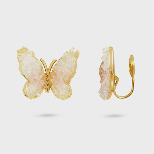 Pink Crystal Butterfly Clip On Earrings