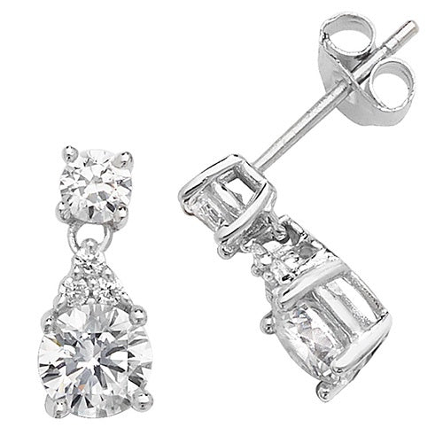 SILVER DOUBLE CZ DROP STUD EARRINGS