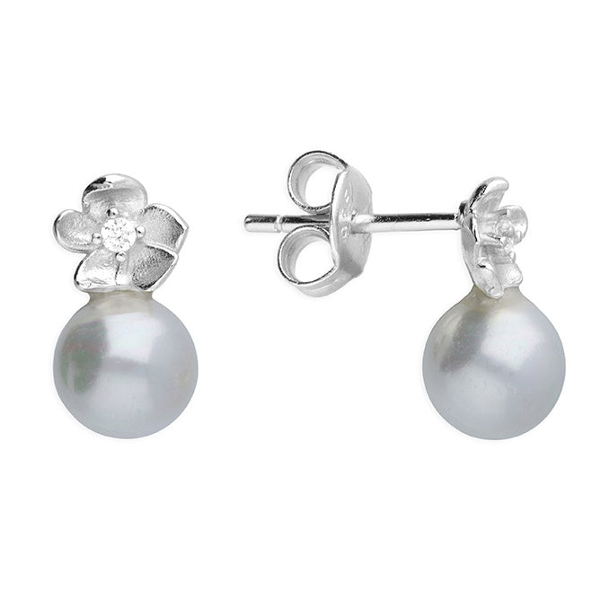 Sterling Silver Pearl Flower Stud Earrings