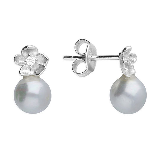Sterling Silver Pearl Flower Stud Earrings