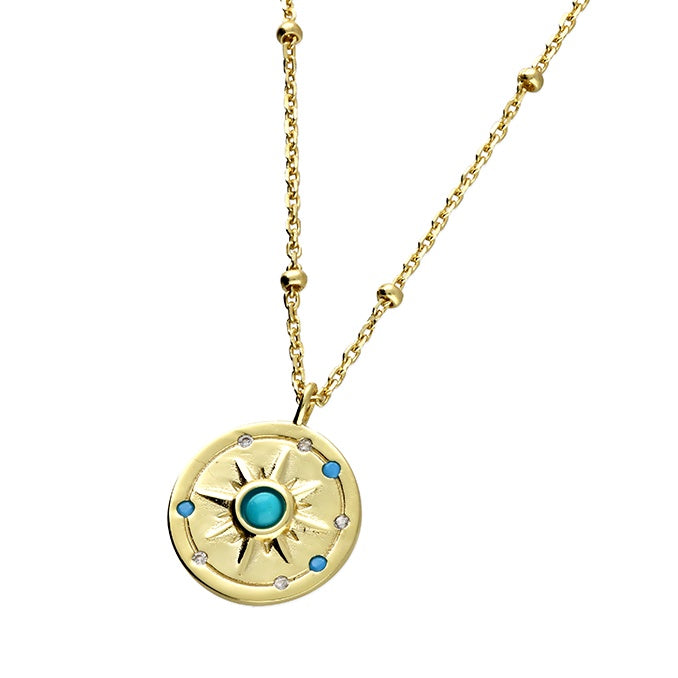 Yellow Gold Plated Sun Disc & Turquoise Necklace