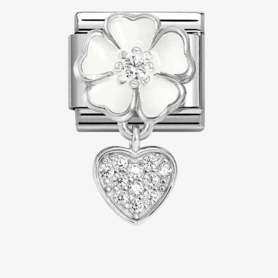 CLASSIC Silvershine White Flower Heart Dropper Charm