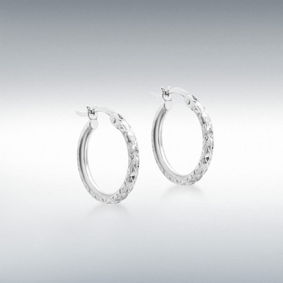 9ct White Gold 15mm Diamond Cut Hoop Creole Earrings