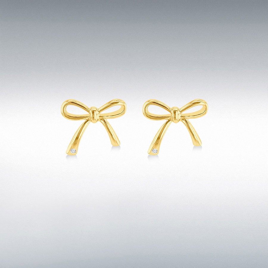 Gold Plated Bow with Round White Diamond Stud Earrings
