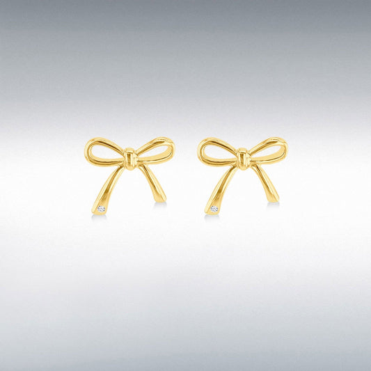 Gold Plated Bow with Round White Diamond Stud Earrings