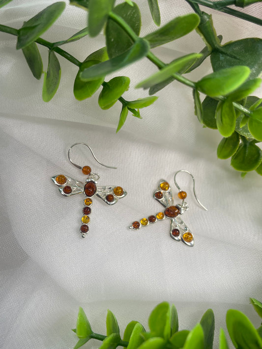 Genuine Amber Dragonfly sterling silver drop earrings