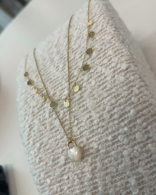 Yellow gold plated trace chain with Mother of Pearl heart Necklace