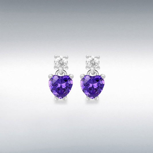 Sterling Silver Rhodium Plated 5mm Heart Shape Light Purple CZ with 3mm Round White CZs Earrings