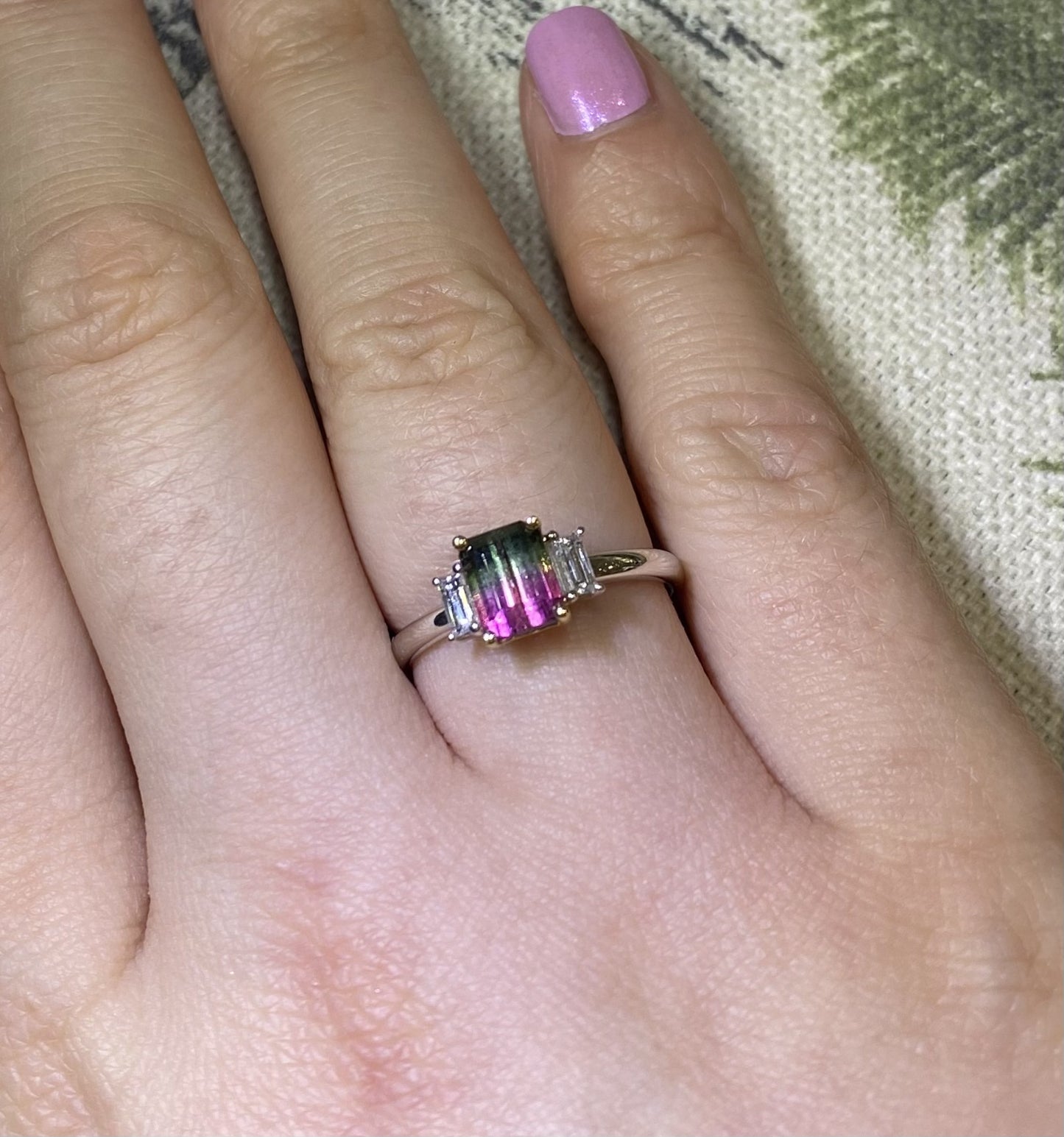 Watermelon Tourmaline ring - Octagon Bi Colour Tourmaline with baguette diamond sides Size M
