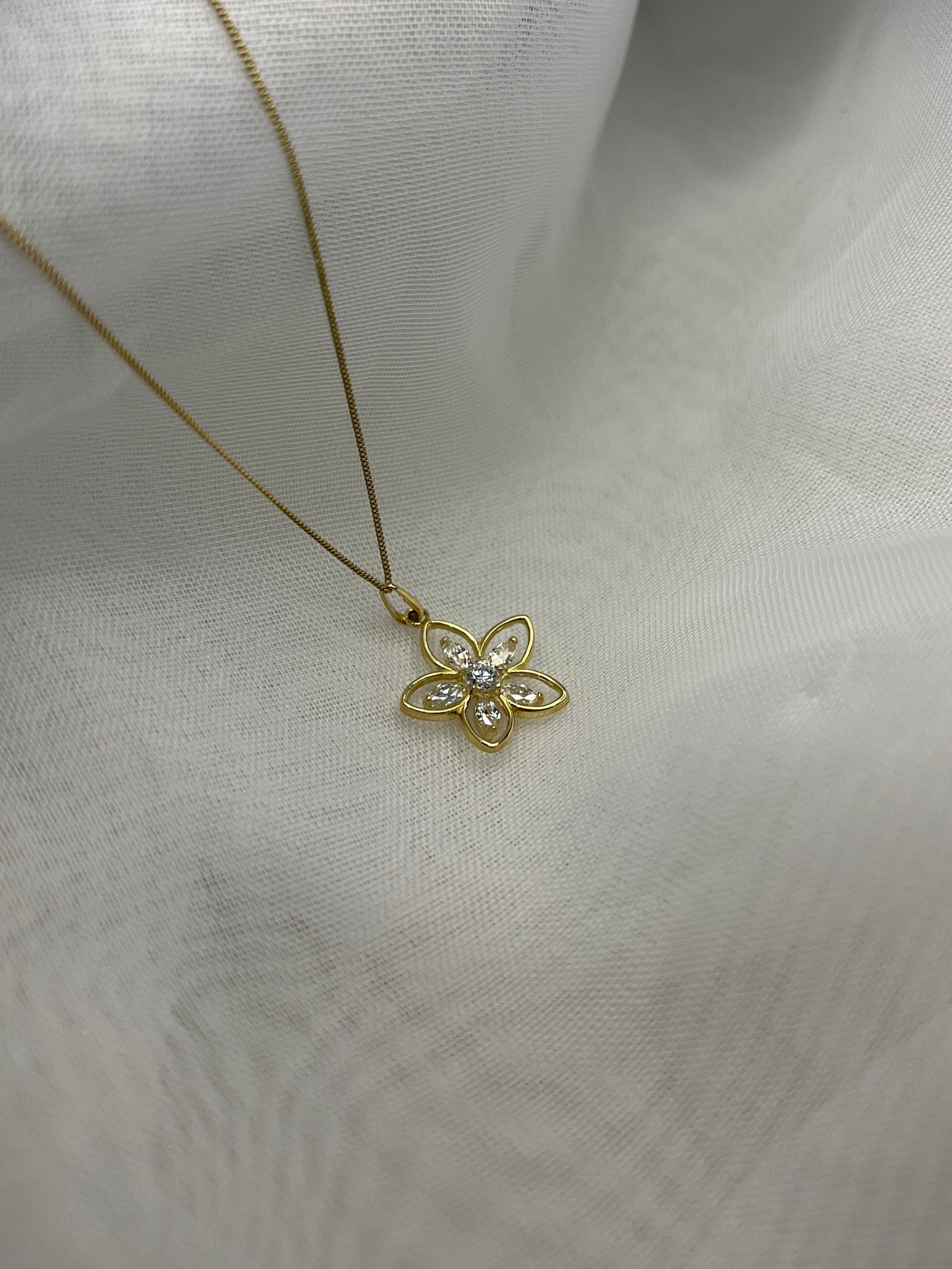 9ct Gold Open Flower Necklace With CZ Stones