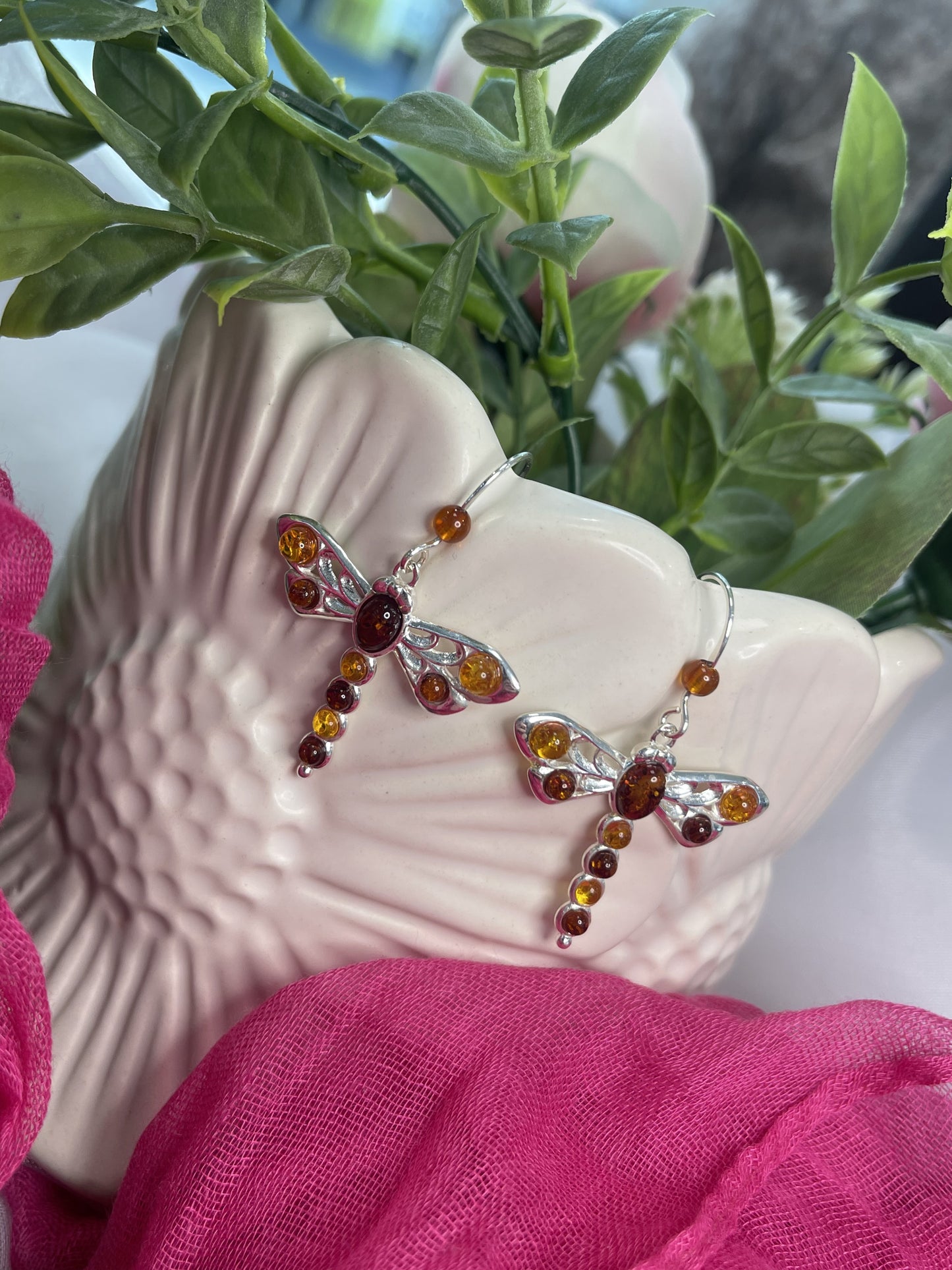 Genuine Amber Dragonfly sterling silver drop earrings