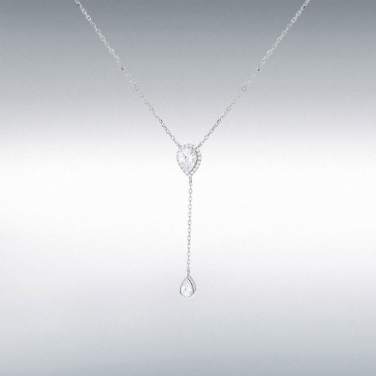 Sterling Silver Rhodium Plated White CZ Teardrop Adjustable Lariat Necklace 38cm/15"-43cm/17"