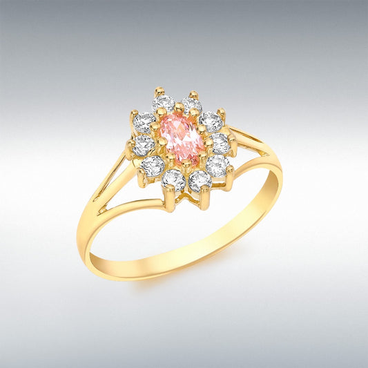 9K Yellow Gold Pink and White CZ Flower Cluster Ring SIZE P